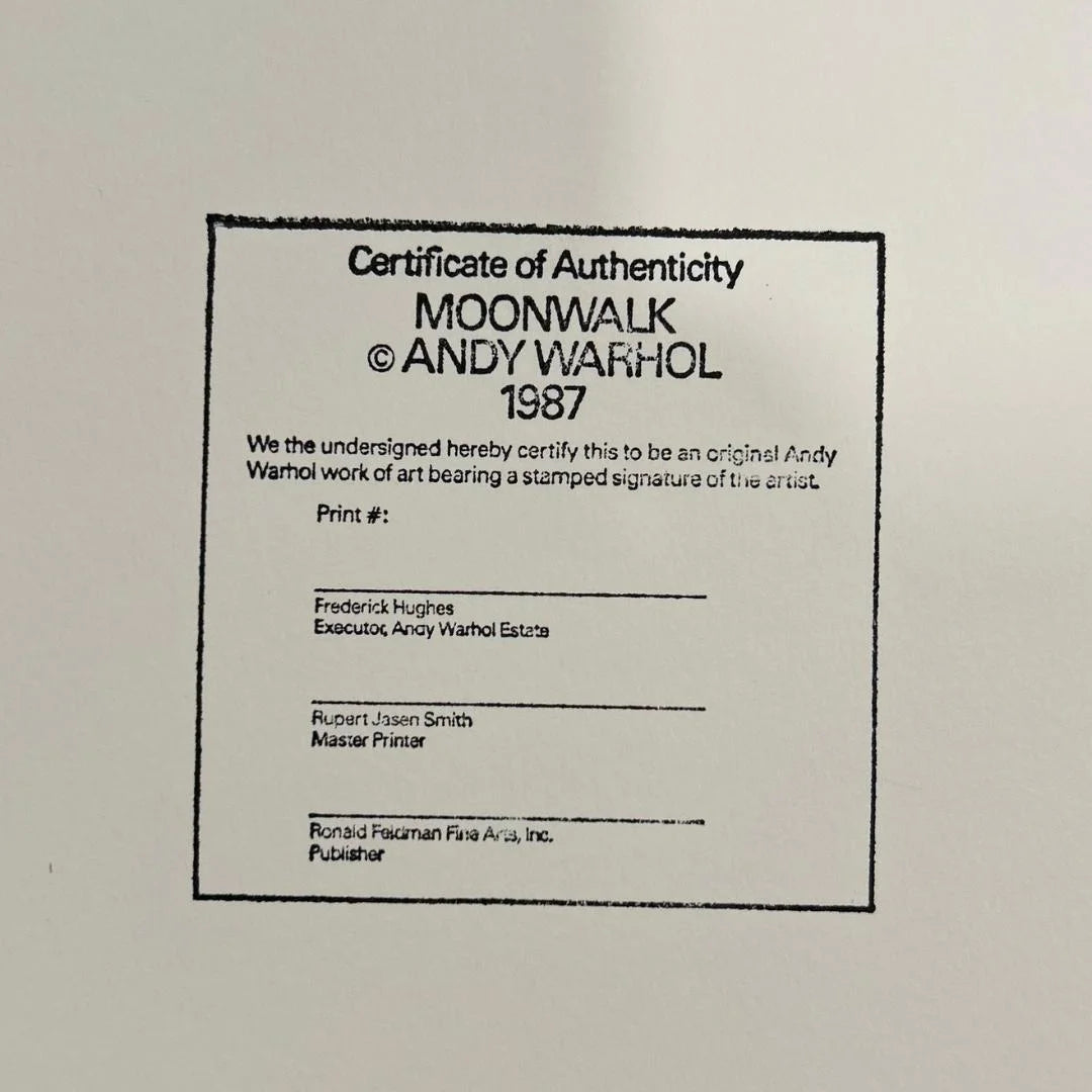 Certificate of Authenticity for Andy Warhol's 'Moonwalk' from 1987 on a beige background.