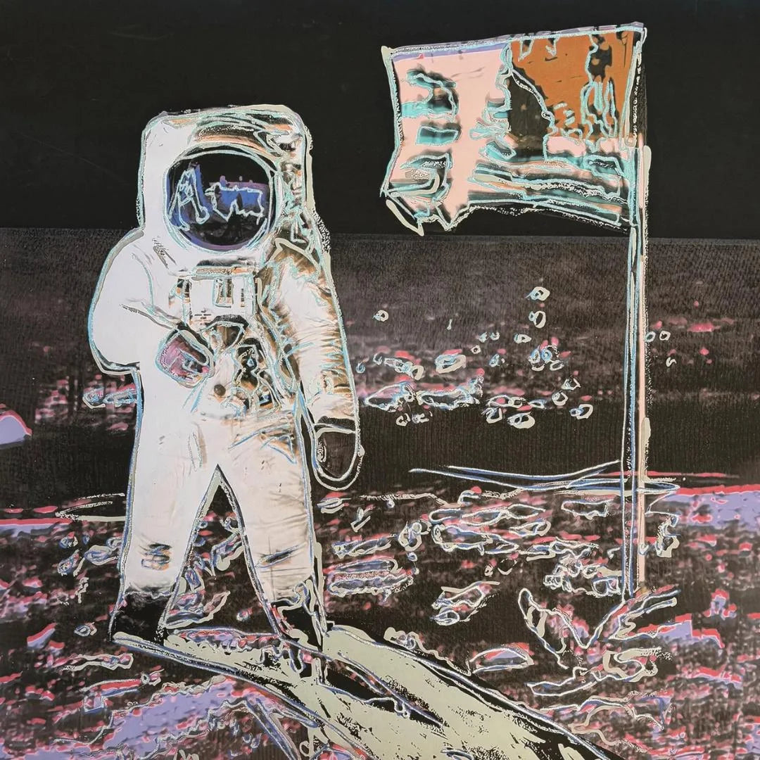 Illustration of an astronaut on the moon with a flag, set against a dark space background.