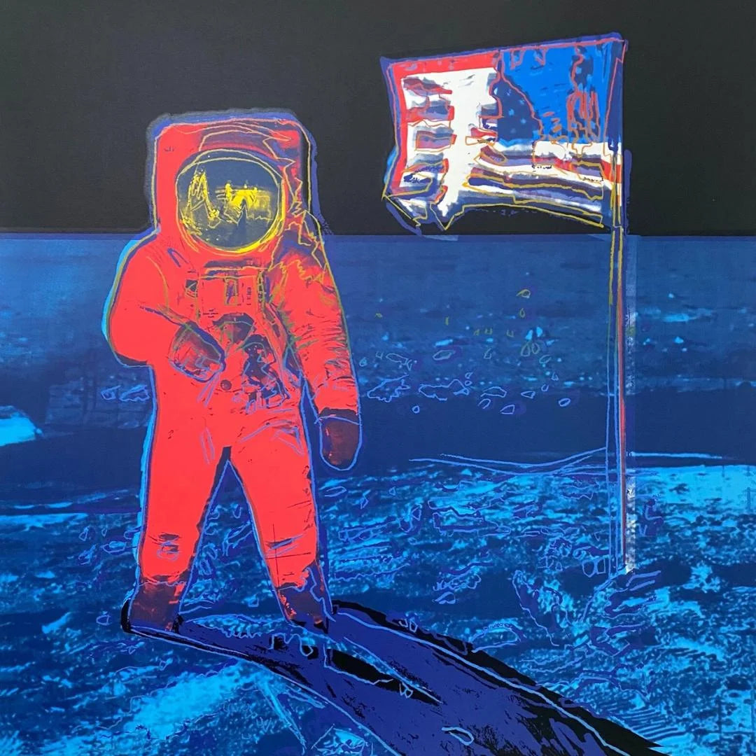 Astronaut figure and flag on a lunar surface with a dark space background