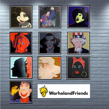 Collection of framed artworks on a brick wall with 'WarholandFriends' logo.