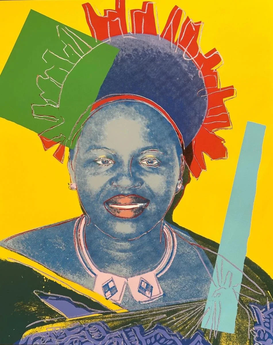 Colorful portrait with geometric shapes and a blue figure on a yellow background