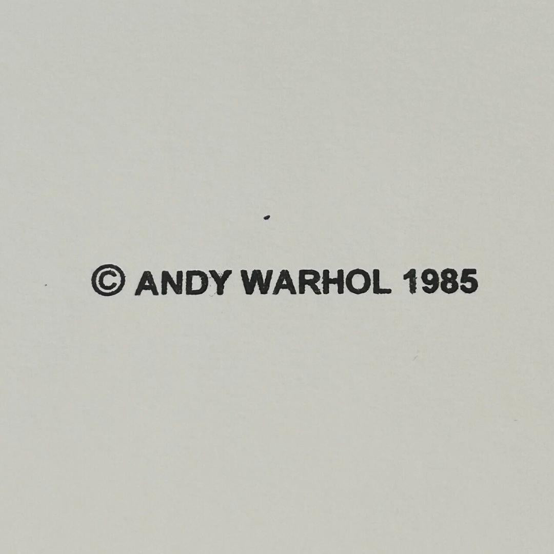 Copyright notice for Andy Warhol with the year 1985 on a plain background
