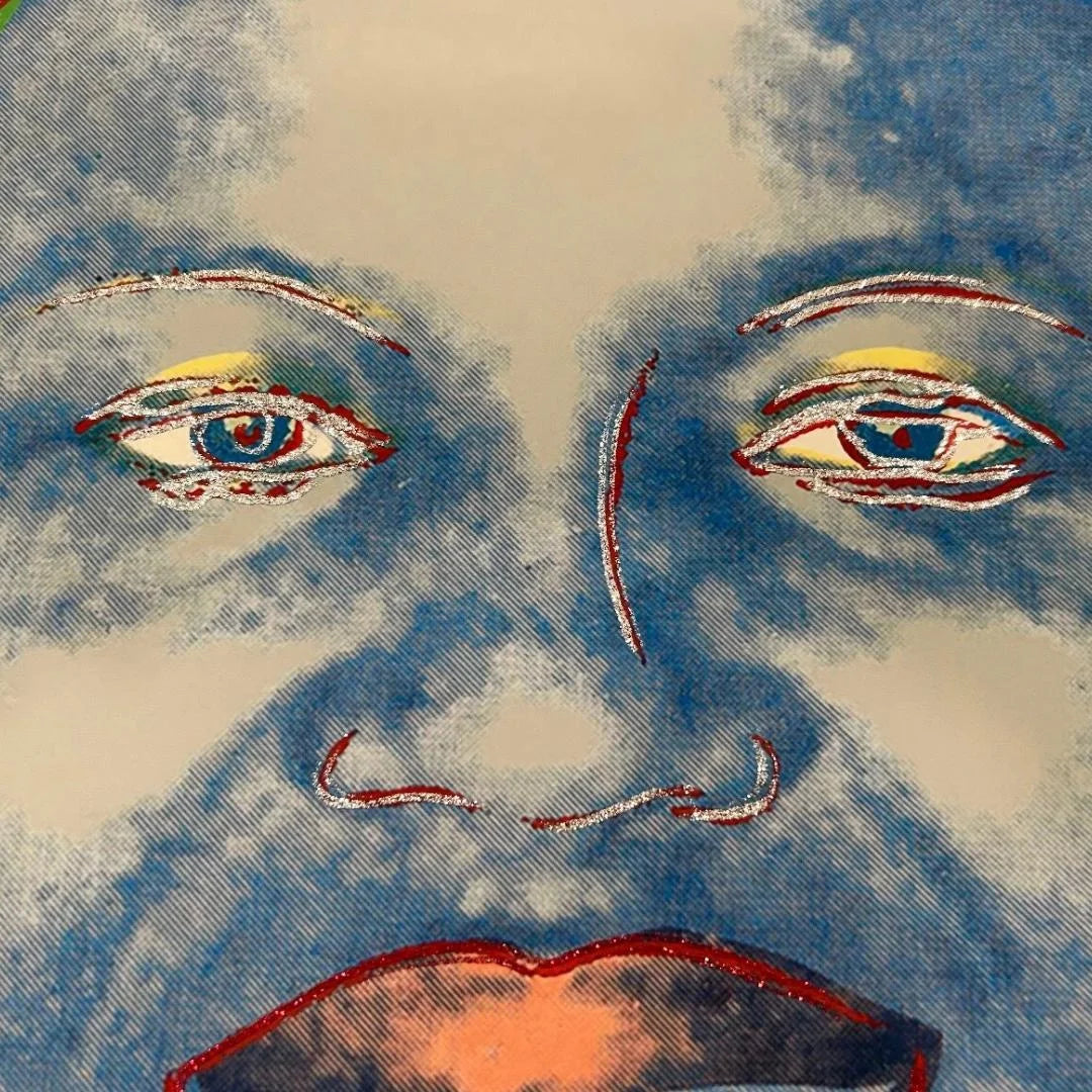 Abstract artwork with stylized eyes and mouth on a textured surface