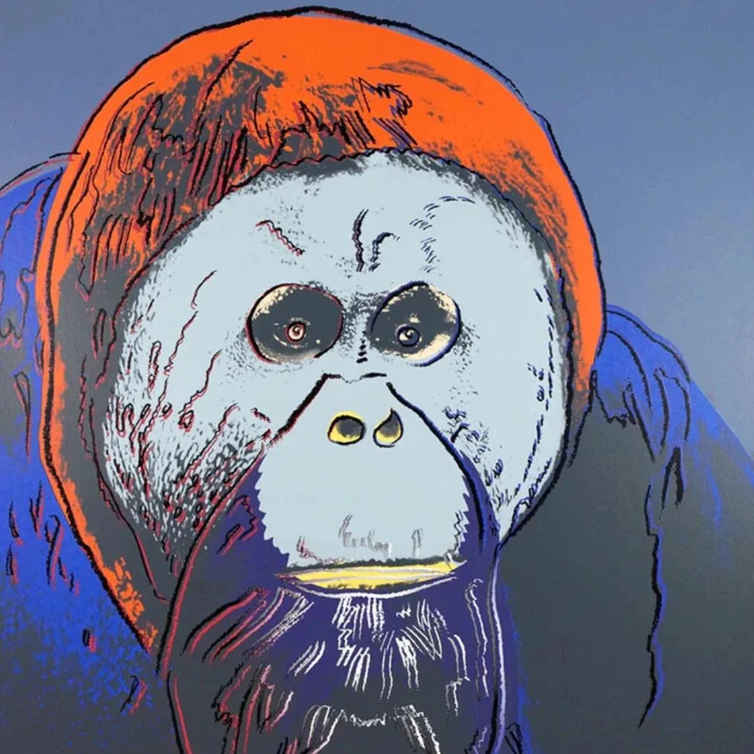 Colorful illustration of a gorilla with an orange hat on a blue background