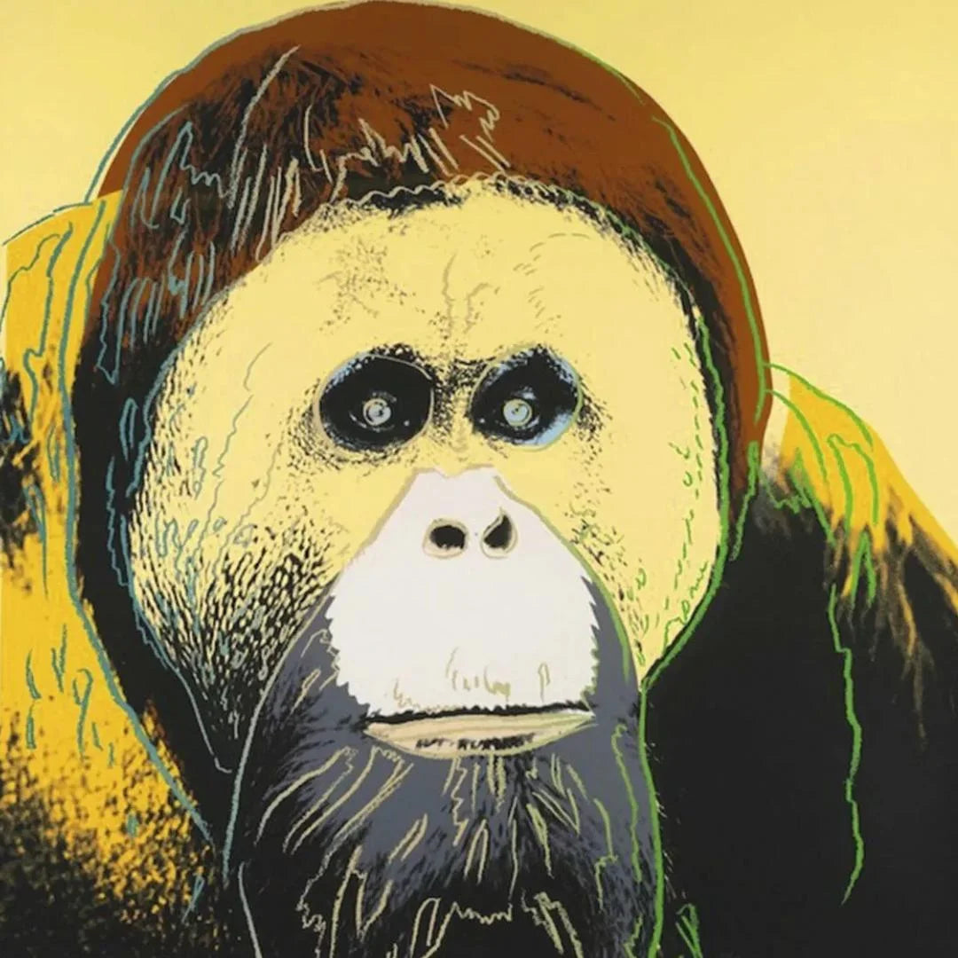 Close-up of a stylized monkey face with a yellow background