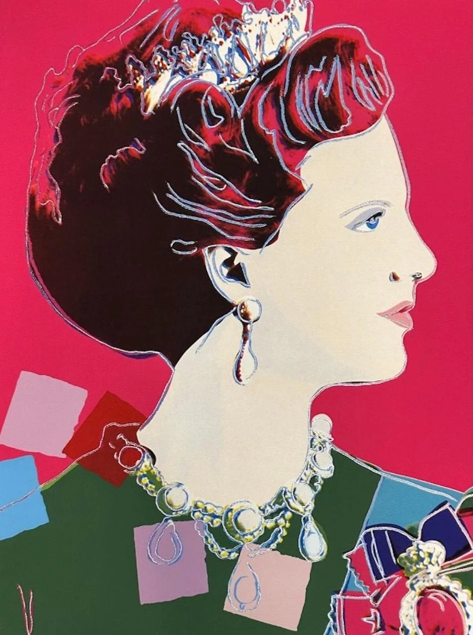 Artistic depiction of a woman's profile with jewelry against a colorful background