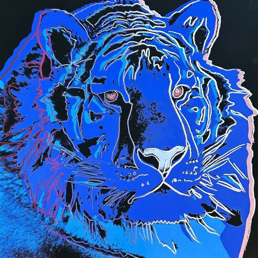 Blue and black tiger illustration on a dark background
