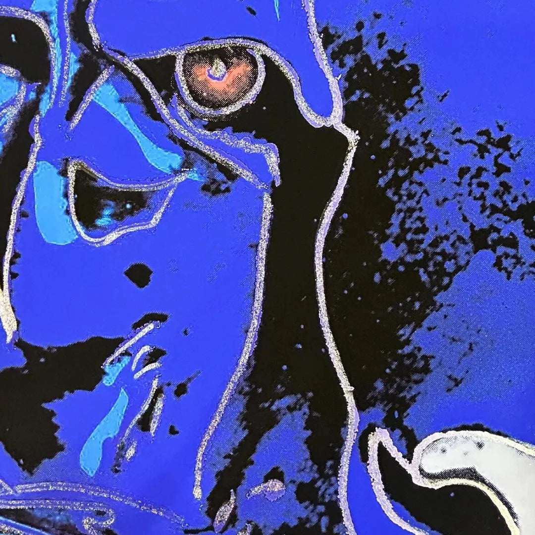 Abstract artwork with blue, black, and white colors on a blue background high quality screenprint with diamond dust.