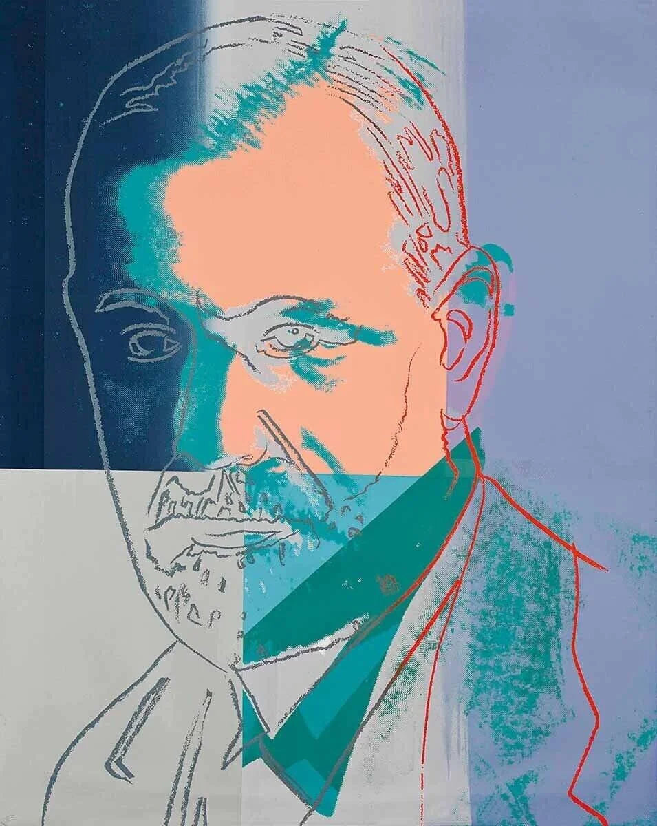 Andy Warhol's colorful abstract portrait of Sigmund Freud with geometric shapes