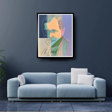 Modern living room with a blue sofa and abstract art on the wall.