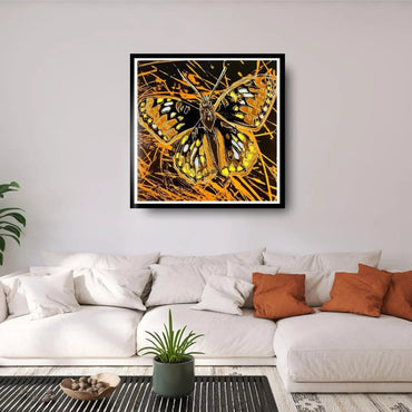 Framed butterfly artwork on a wall above a white sofa with orange and white cushions.
