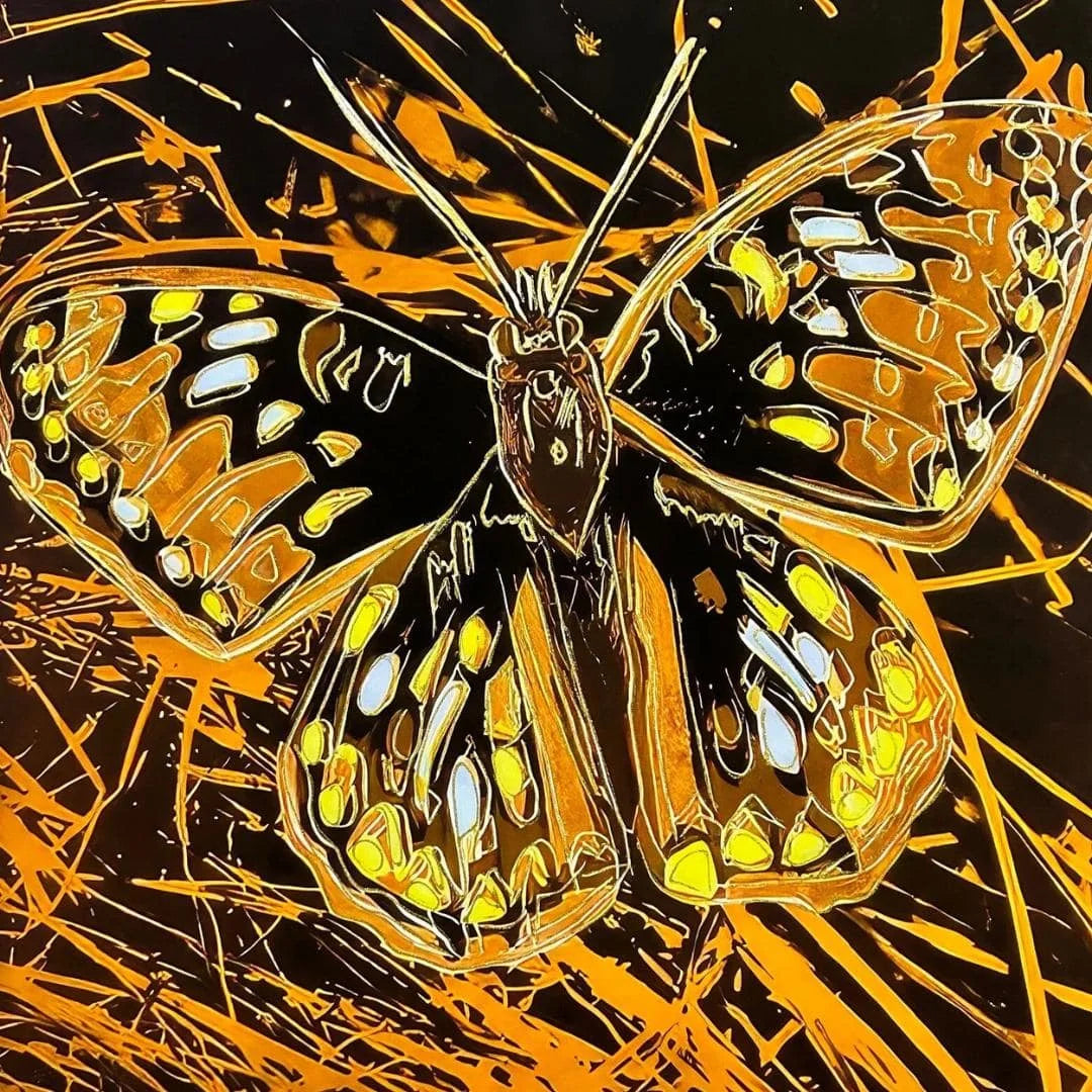 Butterfly illustration with a black and orange abstract background