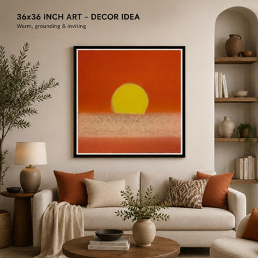 Living room with a framed artwork of a sunset over a desert landscape, a beige sofa with pillows, and decorative items.