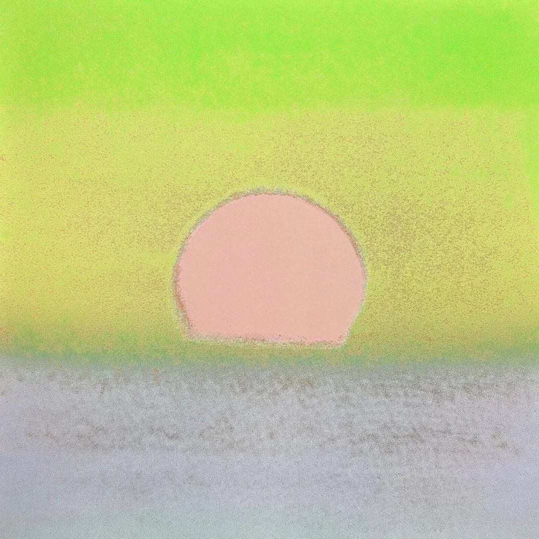 Andy Warhol Sunset #87. An abstract artwork with a pink circle sun on green to gray gradient background horizon.