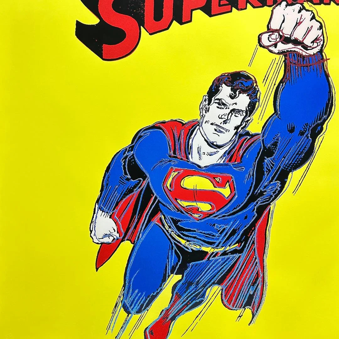 Superman in a blue suit with red cape and yellow background