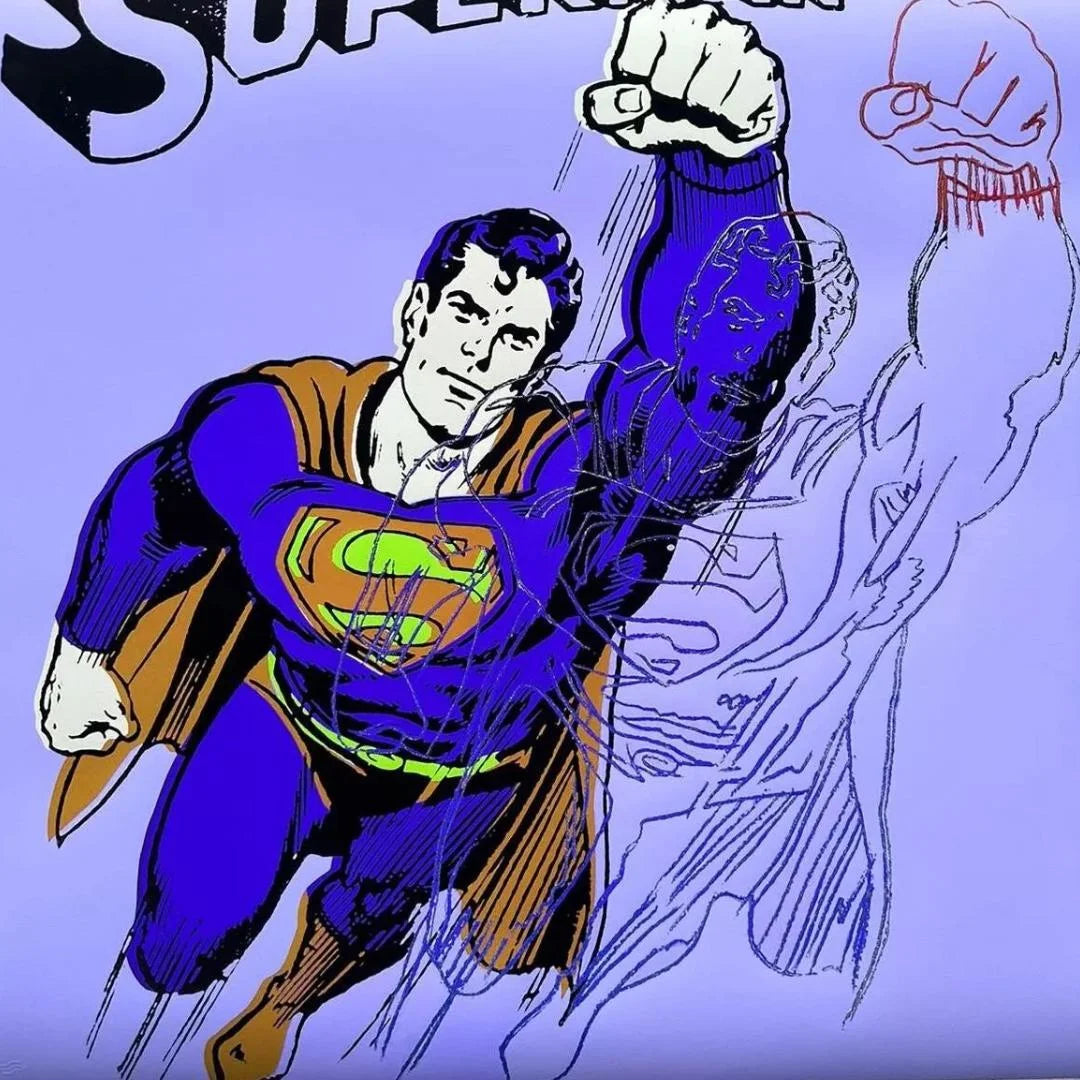 Superman character in a dynamic pose with a purple background