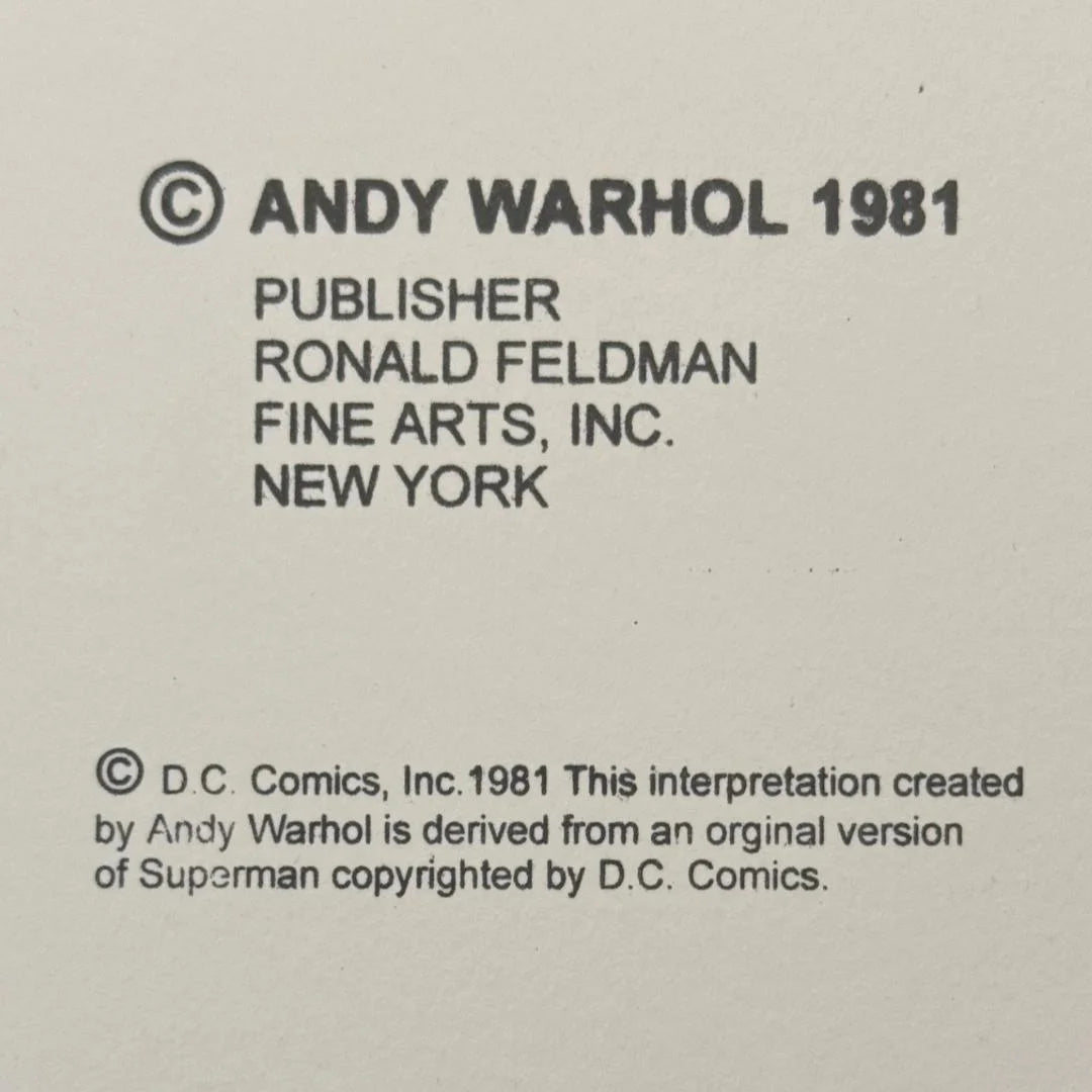 Text attribution to Andy Warhol and Ronald Feldman Fine Arts, Inc. on a beige background. DC Comics Copyright.