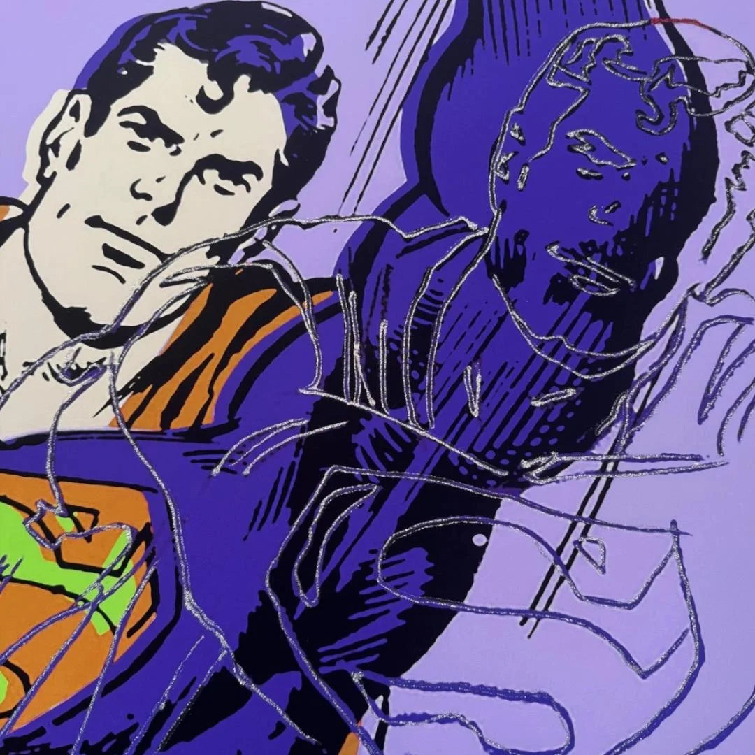 Superman character with diamond dust print effect on a purple background