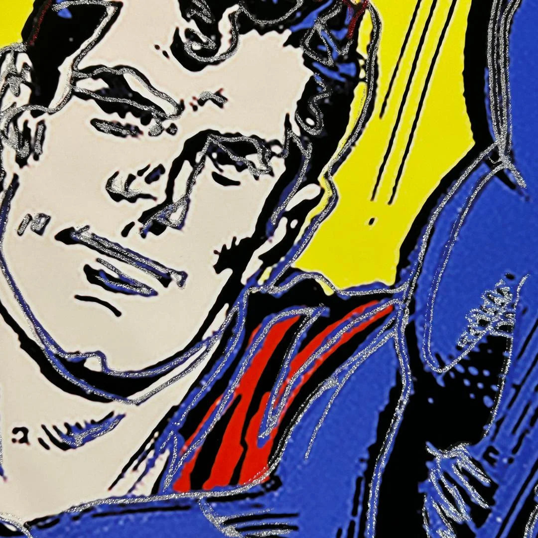 Superman print with diamond dust perfect for DC comic book enthusiasts.
