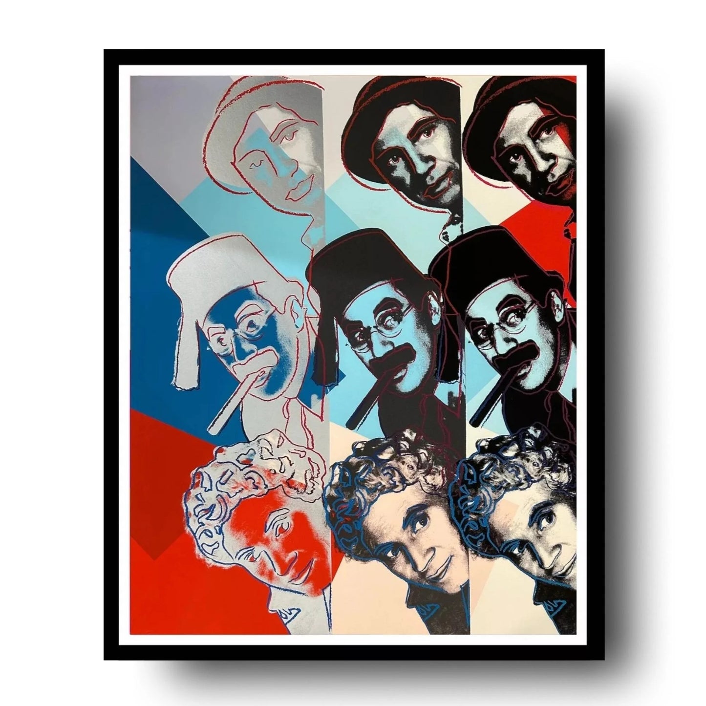 Framed artwork with stylized portraits of a man and woman on a colorful background