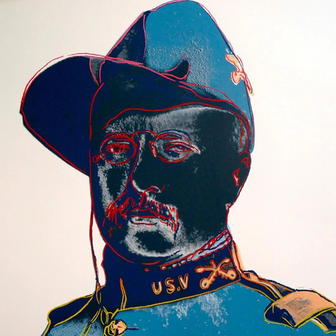 Artistic depiction of a President wearing a blue hat and uniform with 'USV' on a beige background