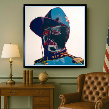 Framed artwork of a stylized Theodore Roosevelt portrait on a wall with a lamp, books, and a globe on a table.