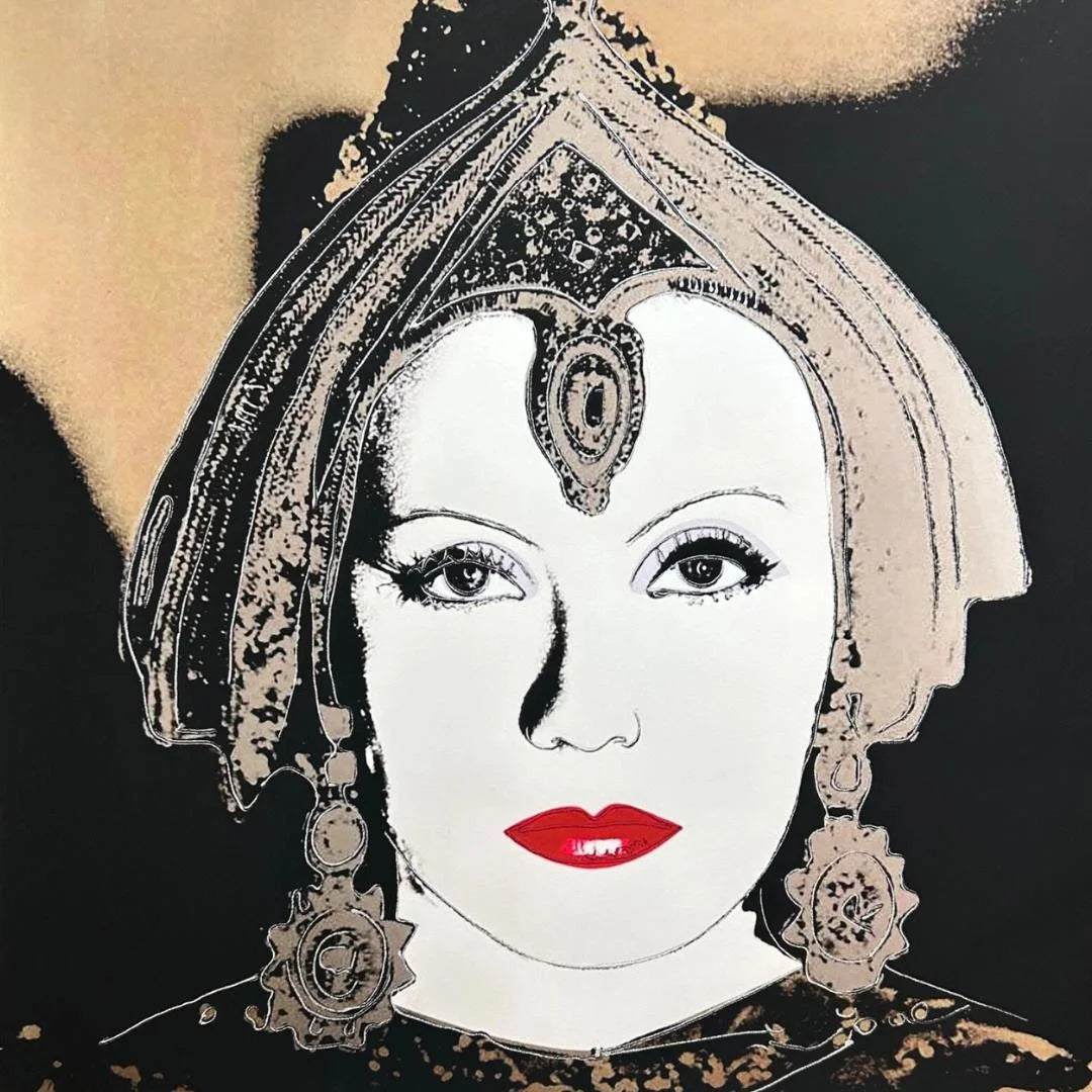 Illustration of a woman's face (Greta Garbo) with red lipstick and an ornate headpiece on a black background