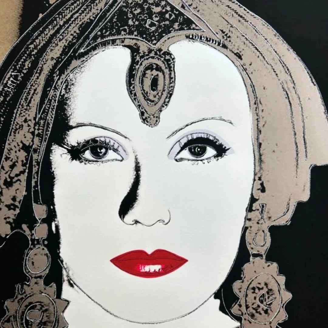 Artistic depiction of a face with red lips and intricate headgear on a black background