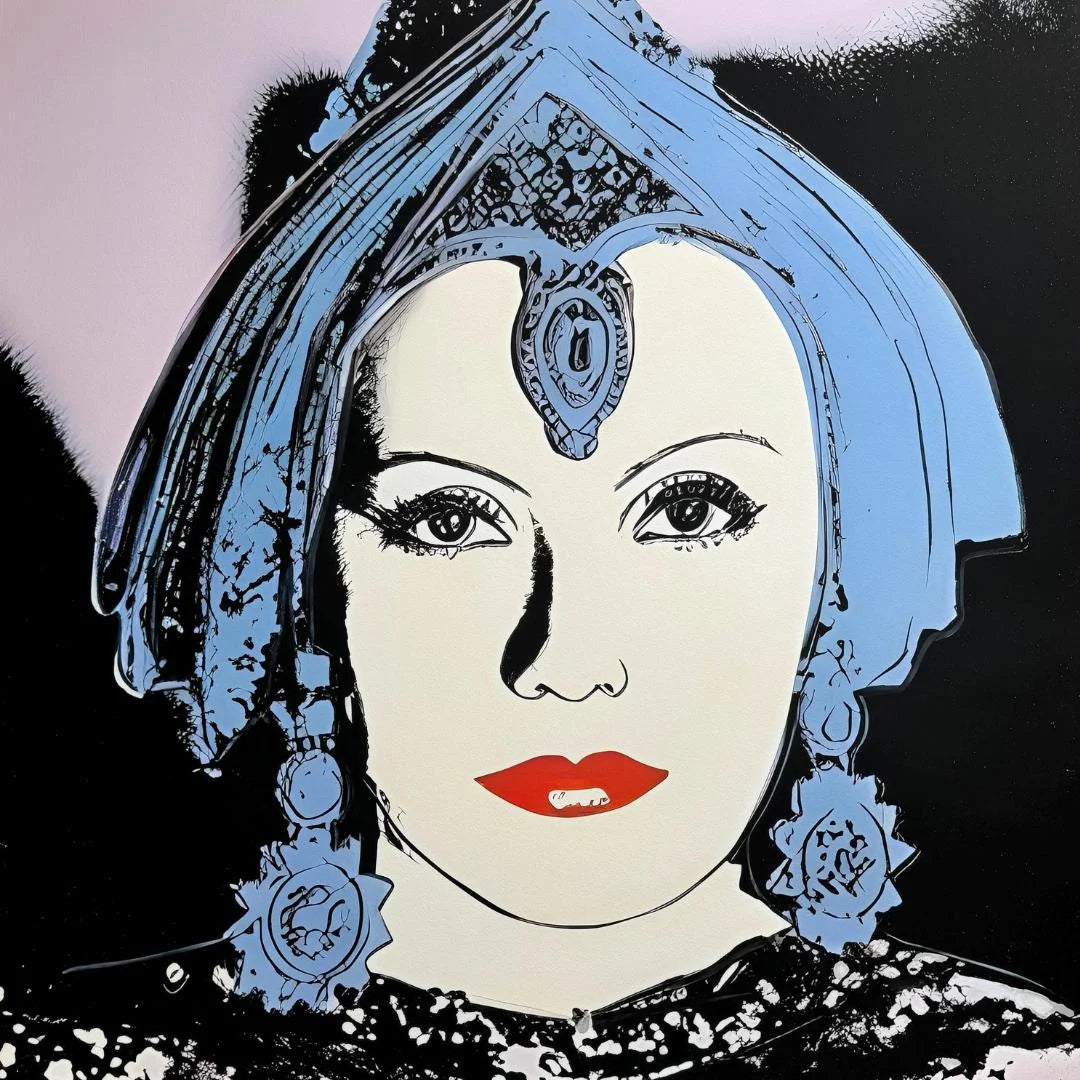 Artistic depiction of a woman's face with a blue headpiece against a black background