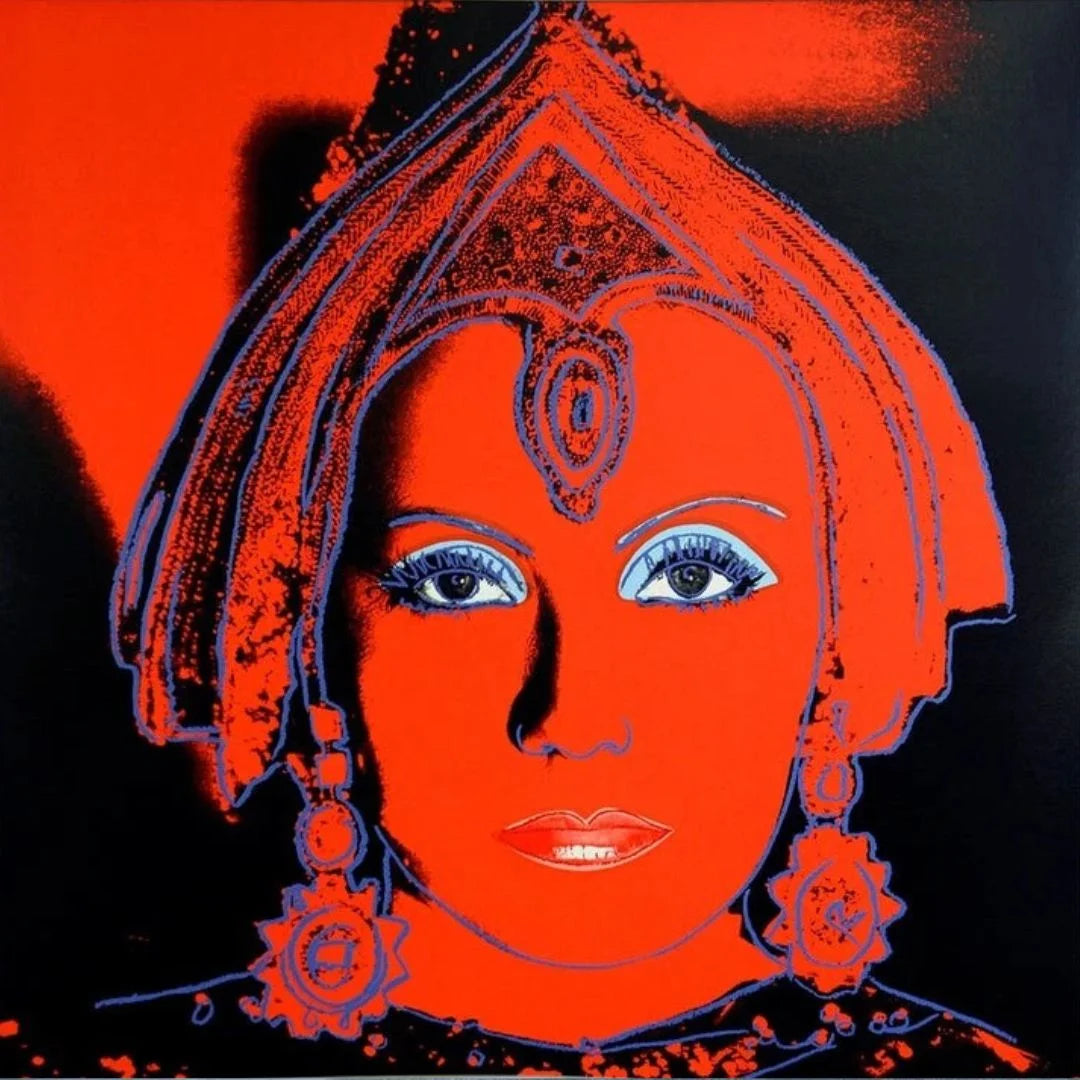 Artistic depiction of a face with decorative headgear on a red and black background