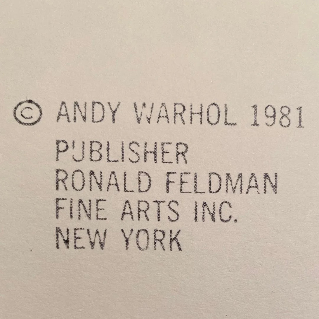 Text attribution to Andy Warhol, publisher Ronald Feldman, and Fine Arts Inc. on a beige background