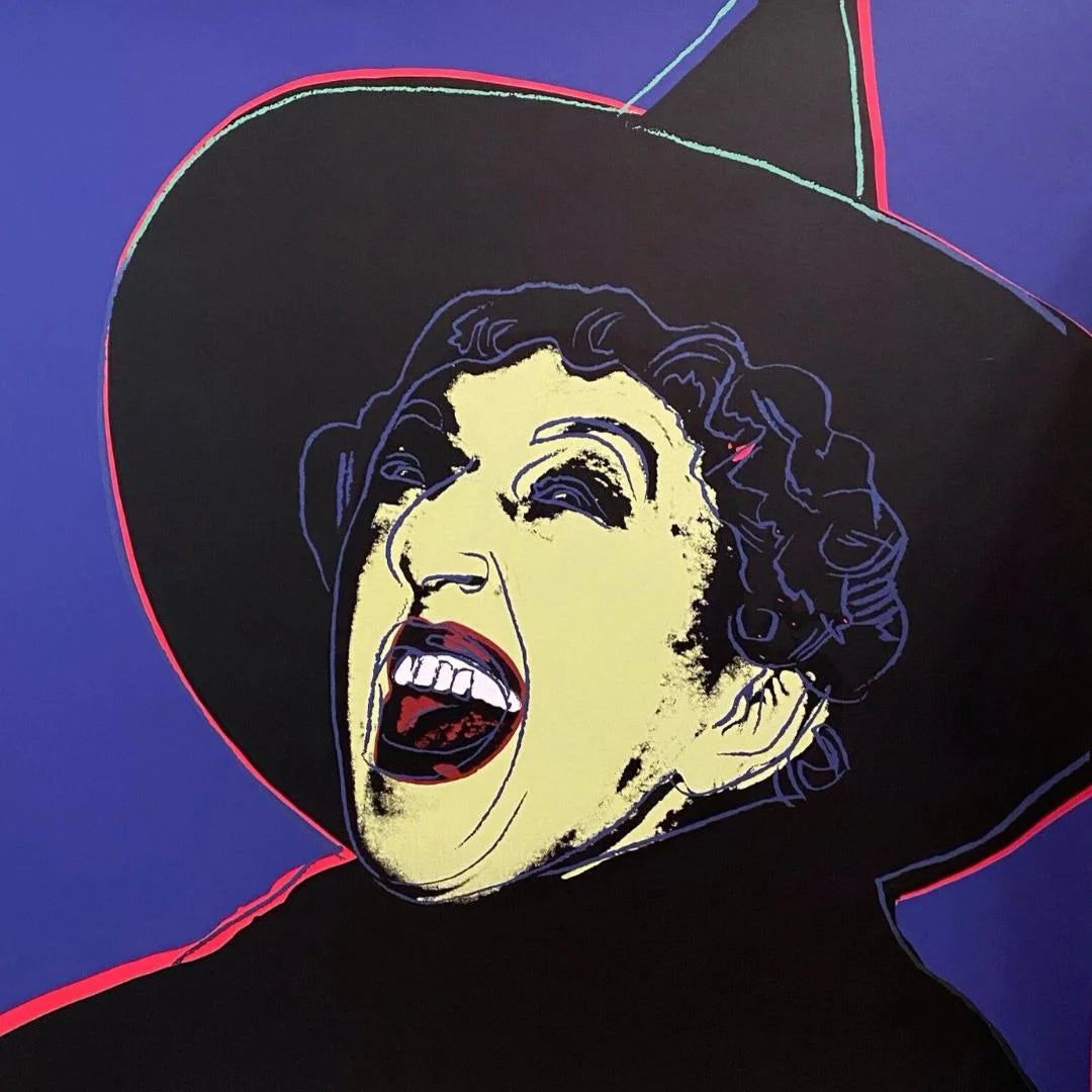 Illustration of a witch's face with a wide open mouth on a blue background