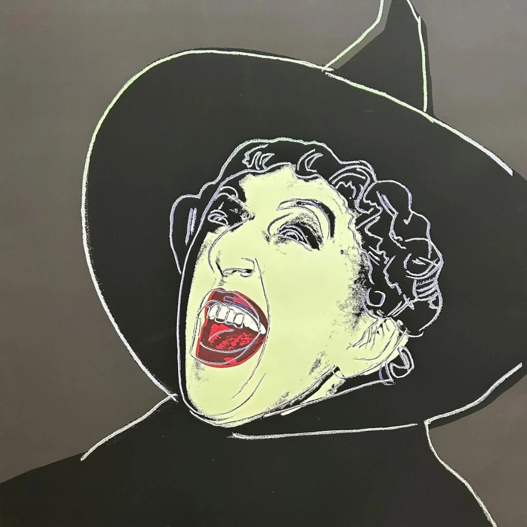 Illustration of a witch with a wide open mouth on a dark background