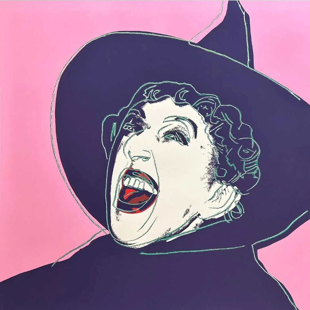 Illustration of the Wicked Witch wearing a large black hat with a pink background