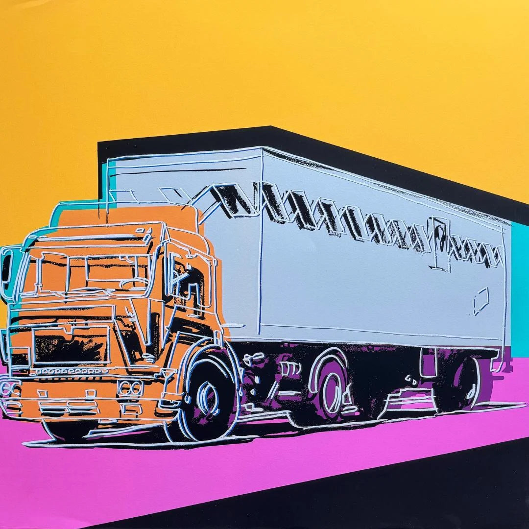Colorful illustration of a truck on a yellow and pink background
