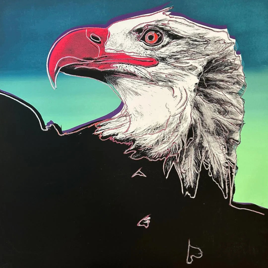 Andy Warhol depiction of a Bald Eagle head with a colorful background