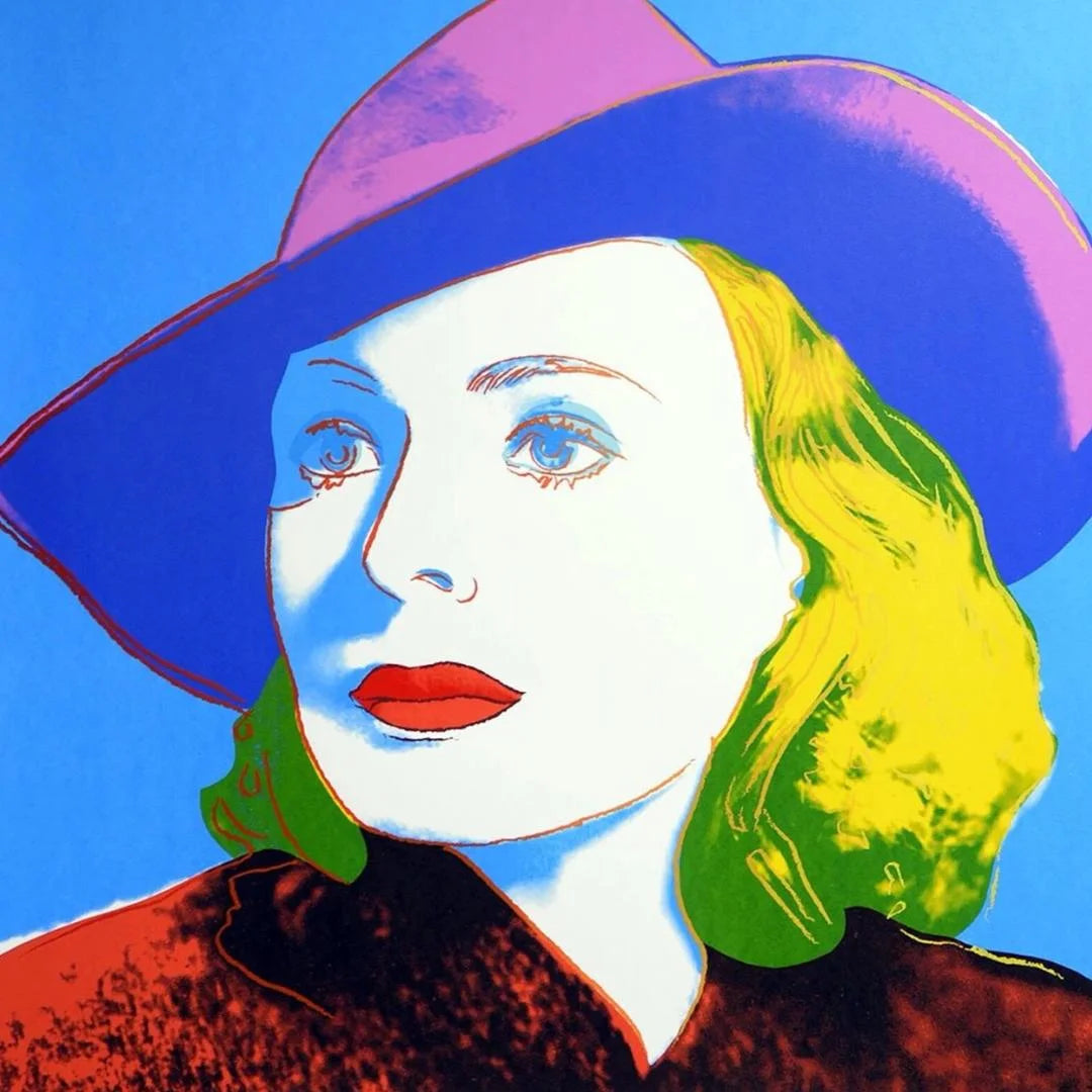 Colorful abstract portrait of a woman with a large hat against a blue background