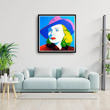 Colorful abstract portrait of a woman in a living room with a light blue sofa and a small table.