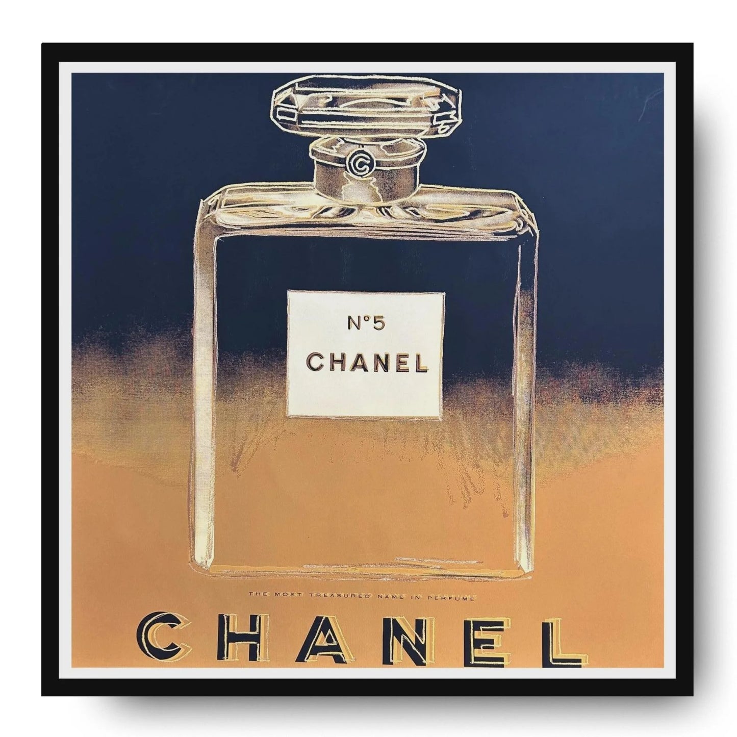 Framed artwork of a Chanel No. 5 perfume bottle with a gradient background.