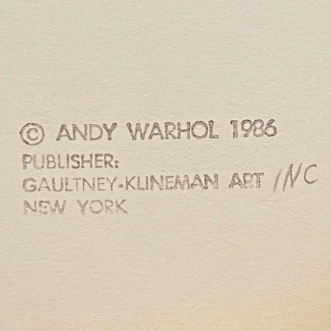 Copyright notice for Andy Warhol from 1986, published by Gaultney-Klineman Art Inc., New York.