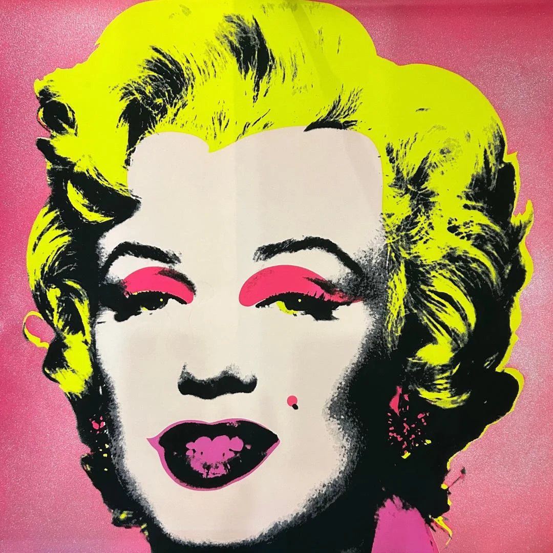 Artwork of a famous Andy Warhol pop art portrait Marilyn #31 with diamond dust background with bright colors on a pink background