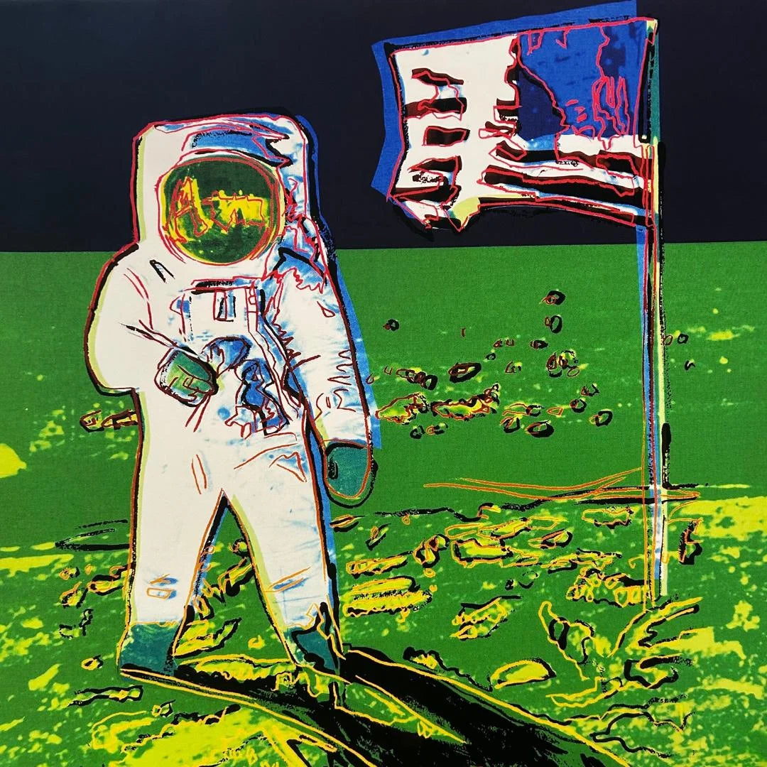 Colorful depiction of an astronaut on the moon with a flag, against a green and black background.