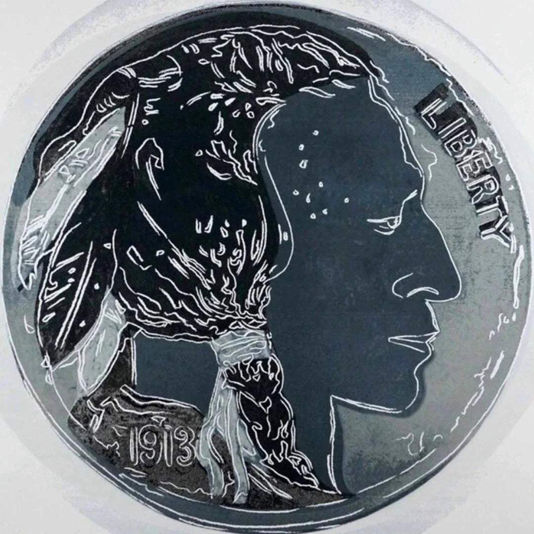 Silver coin with a profile of a Native American and the word 'Liberty' on a white background