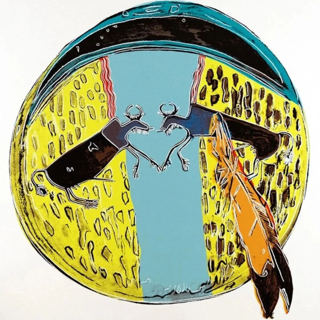 Round decorativeNative American Shield with animal illustrations on a yellow and blue background