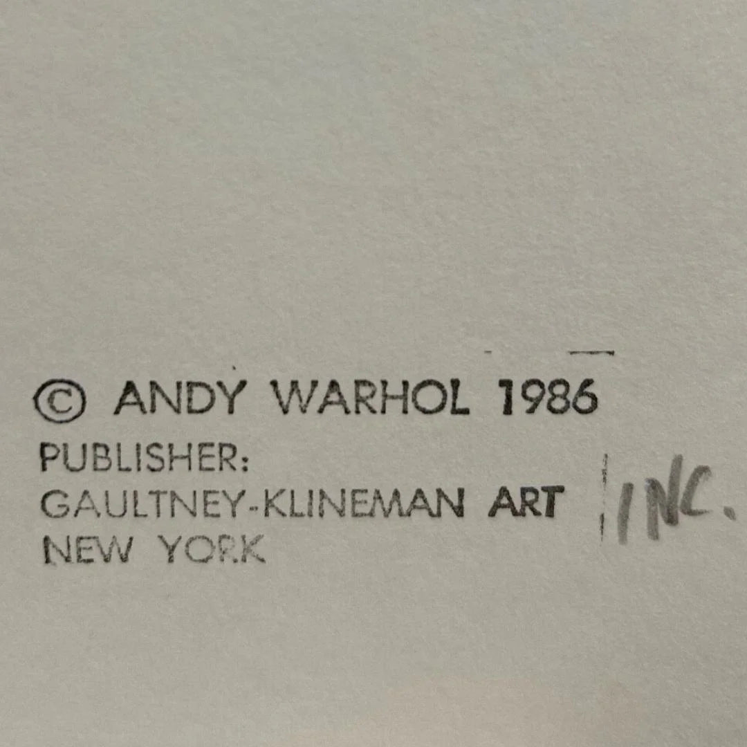 Text indicating copyright by Andy Warhol from 1986, published by Gaultney-Klineman Art Inc. in New York.
