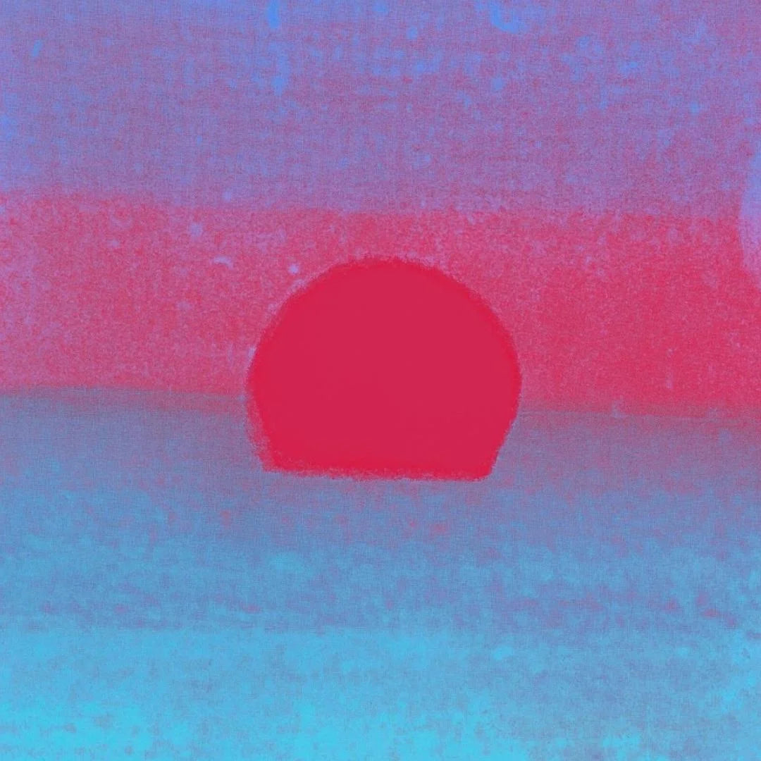 Abstract art with a red sunset on a pink and blue gradient background