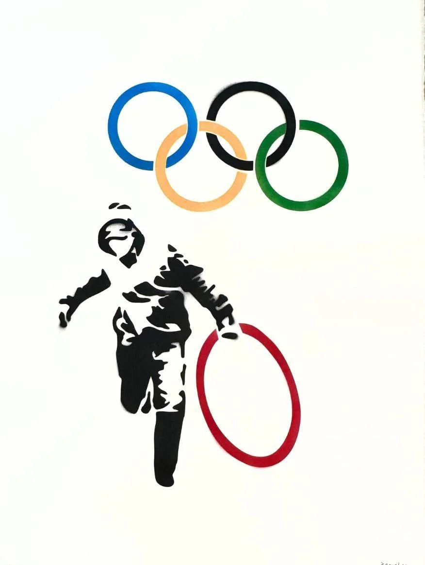 Stylized figure with Olympic rings on a white background Banksy Spray Paint.