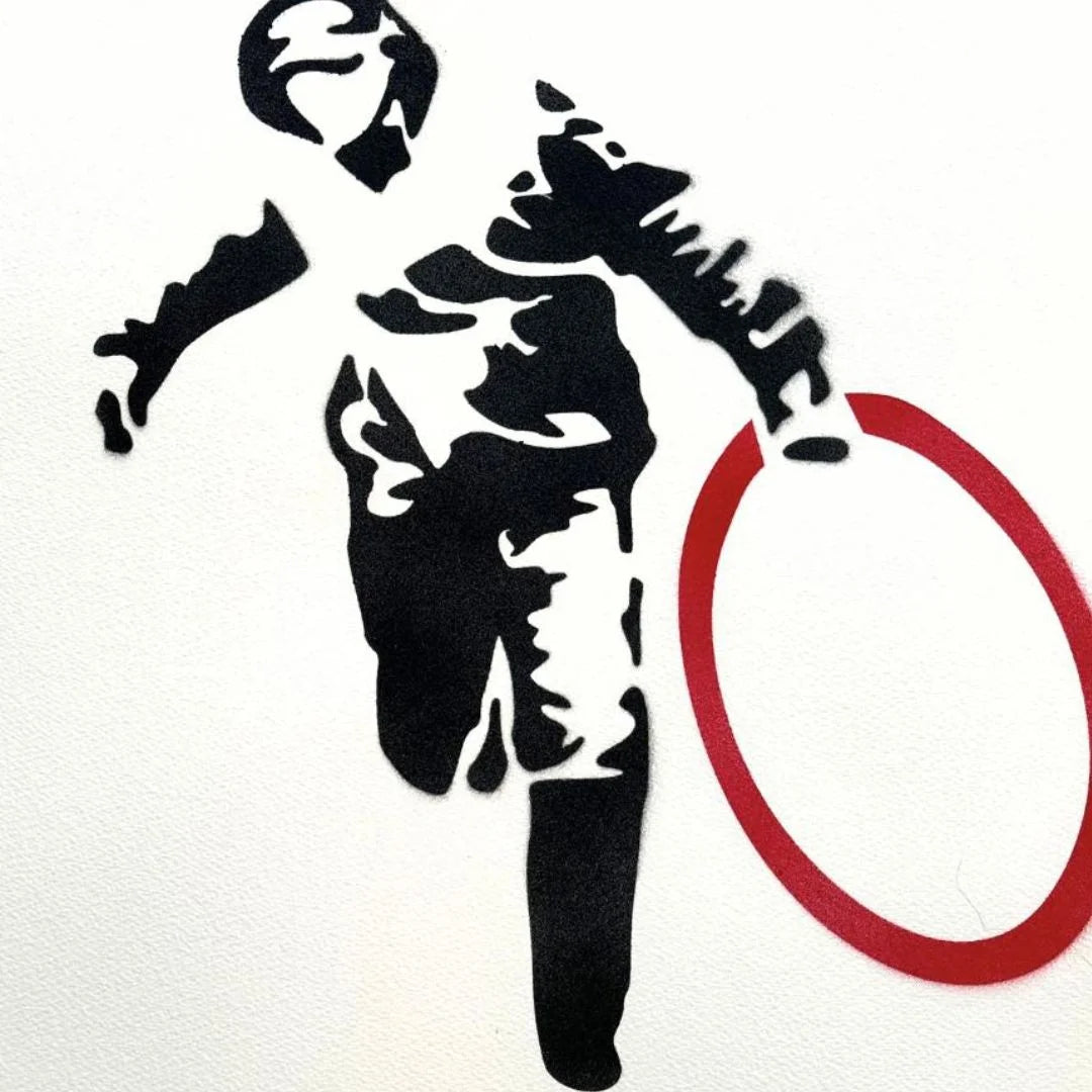 Black silhouette of a person with a red circle on a white background