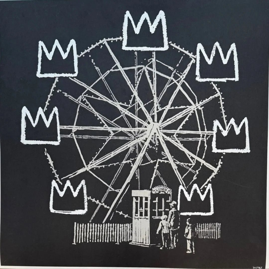 Ferris wheel with crown-like structures on a black background