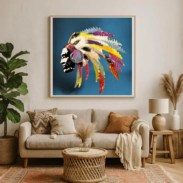 Living room with a colorful abstract painting of Native American head on the wall above a sofa.